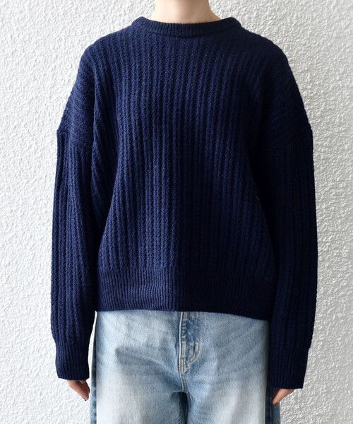 SHIPS any: リブ タック編み クルーネック ボタン ニット プルオーバー