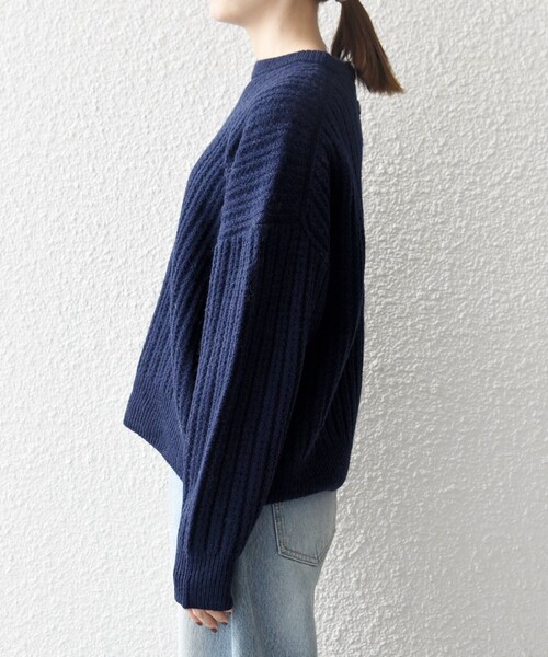 SHIPS any: リブ タック編み クルーネック ボタン ニット プルオーバー