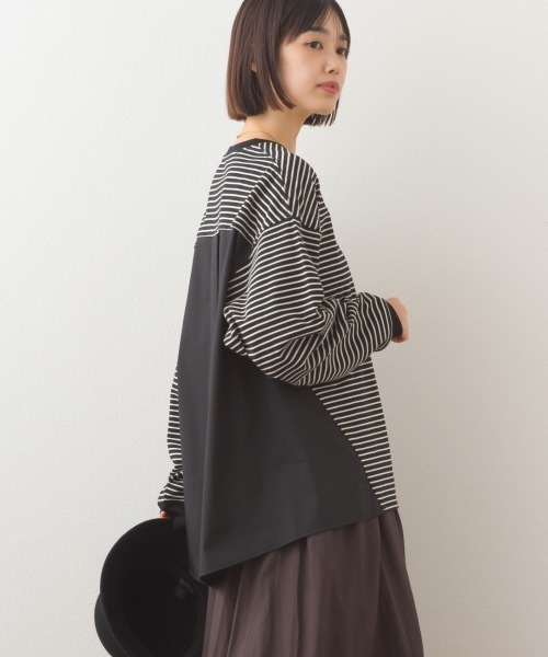 OMNES(オムネス)の「異素材切り替えボーダー長袖トップス(Tシャツ/カットソー・レディース・ブラック系その他/ホワイト系その他/レッド系その他/ブルー系その他・FREE)」の2枚目の写真