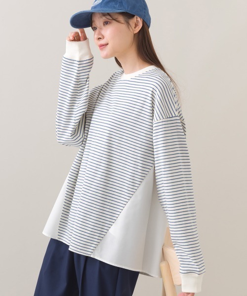 OMNES(オムネス)の「異素材切り替えボーダー長袖トップス(Tシャツ/カットソー・レディース・ブラック系その他/ホワイト系その他/レッド系その他/ブルー系その他・FREE)」の3枚目の写真