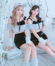 Tika(ティカ)のコスプレ かわいい アニマル ウルフ ふわもこ へそ出し ベロア 半袖 オフショル セットアップ 6点セット ハロウィン(コスチューム/パーティーグッズ)