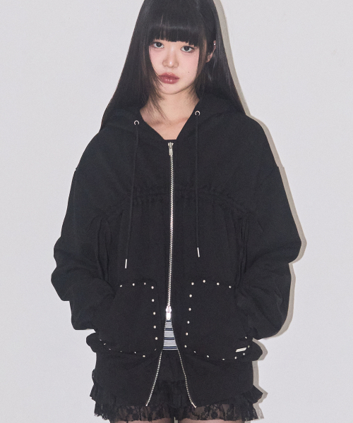 ILLIGO（イリゴ）の「フレイドストリングフードジップアップブラック（パーカー・レディース・その他・SMALL/MEDIUM）」の2枚目の写真