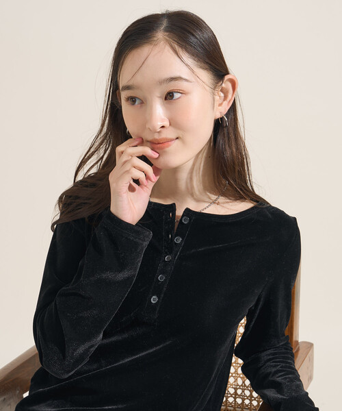 セール】＜新色追加＞ベロアジャージ ヘンリーネック トップス（T