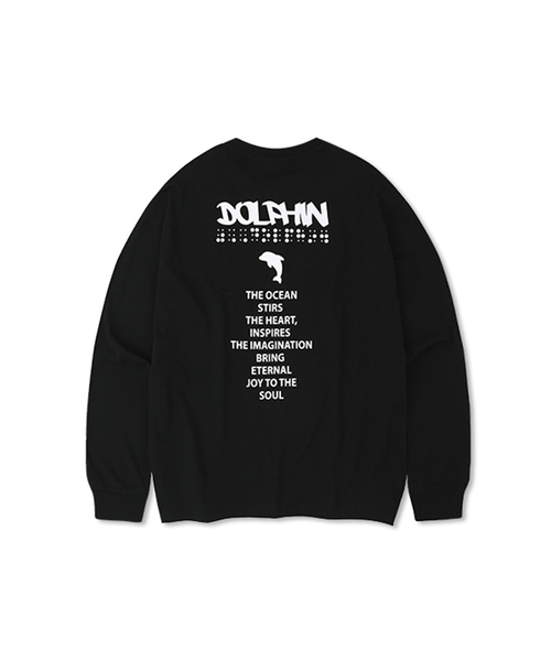 DOLPHIN WAVE APPAREL(ドルフィンウェーブアパレル)の「ドルフィンピングリーディンググラフィック長袖Tシャツブラック(Tシャツ/カットソー・メンズ・ブラック・MEDIUM/LARGE/X-LARGE)」の1枚目の写真