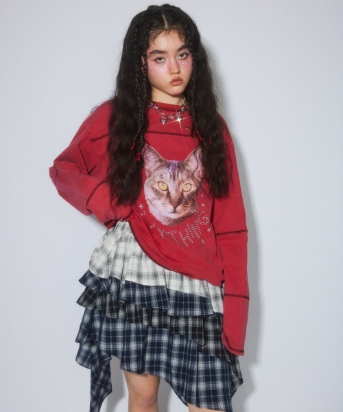 Candy Stripper（キャンディストリッパー）の「ANYTHING CAT PIGMENT トップス（Tシャツ/カットソー・レディース・チャコール/ブラウン/レッド・FREE）」の5枚目の写真