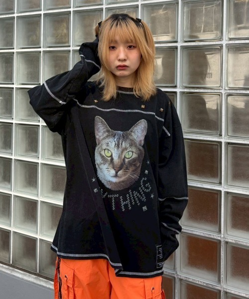 Candy Stripper（キャンディストリッパー）の「ANYTHING CAT PIGMENT トップス（Tシャツ/カットソー・レディース・チャコール/ブラウン/レッド・FREE）」の13枚目の写真