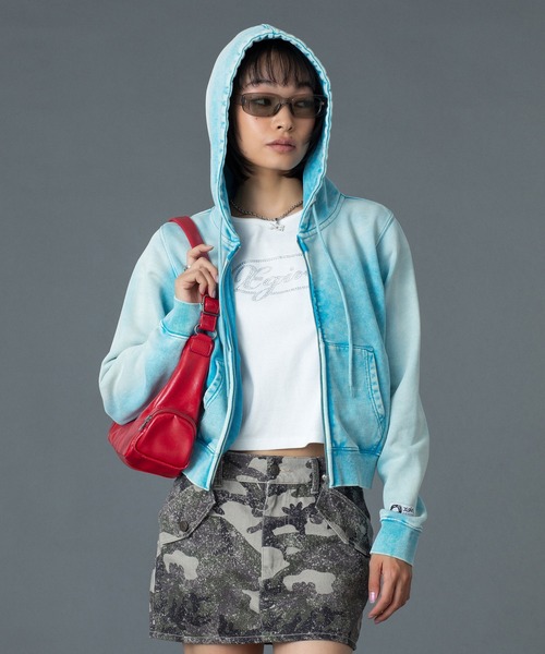 X-girl(エックスガール)の「FACE LABEL WASHED COMPACT ZIP UP SWEAT HOODIE(パーカー・レディース・ブラック/ライトブルー/ピンク・S/M)」の13枚目の写真