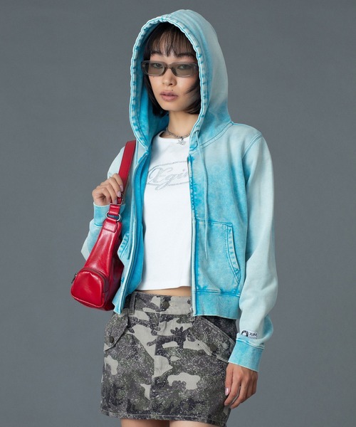 X-girl(エックスガール)の「FACE LABEL WASHED COMPACT ZIP UP SWEAT HOODIE(パーカー・レディース・ブラック/ライトブルー/ピンク・S/M)」の14枚目の写真