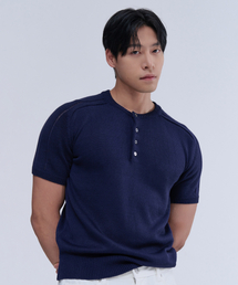 NINEZ（ナインゼット）の「ヘンリーネック半袖マッスルニット（ネイビー）（ニット/セーター）」