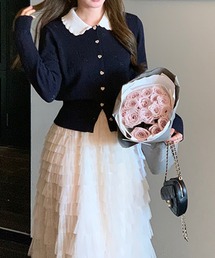 スカラップ襟付きハートボタンカーディガン