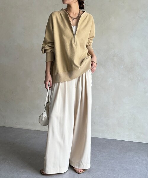 DouDou（ドゥドゥ）の「サイドレースタックワイドパンツ（その他パンツ・レディース・チャコールグレー/アイボリー・FREE/TM）」の3枚目の写真