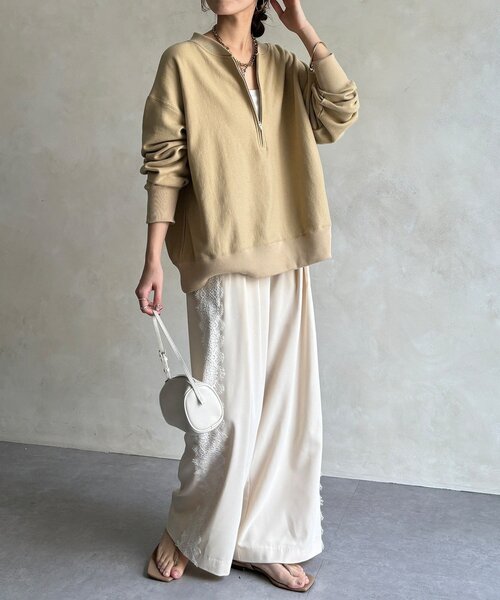 DouDou（ドゥドゥ）の「サイドレースタックワイドパンツ（その他パンツ・レディース・チャコールグレー/アイボリー・FREE/TM）」の4枚目の写真