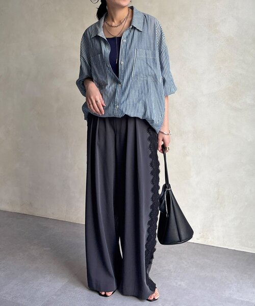 DouDou（ドゥドゥ）の「サイドレースタックワイドパンツ（その他パンツ・レディース・チャコールグレー/アイボリー・FREE/TM）」の13枚目の写真