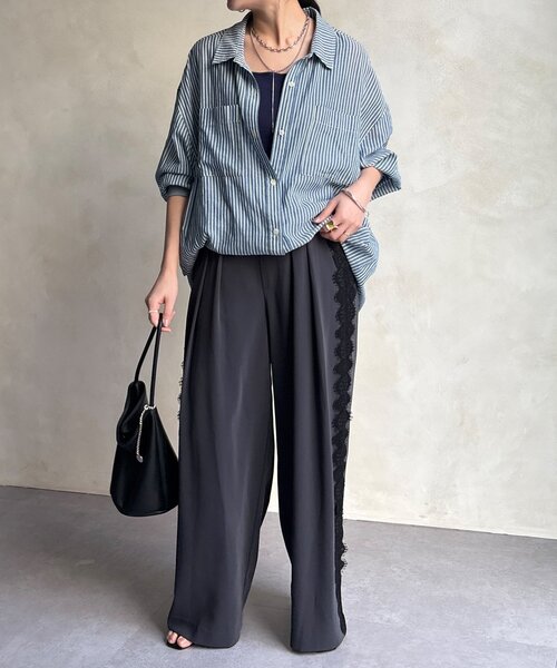 DouDou（ドゥドゥ）の「サイドレースタックワイドパンツ（その他パンツ・レディース・チャコールグレー/アイボリー・FREE/TM）」の14枚目の写真