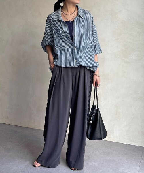 DouDou（ドゥドゥ）の「サイドレースタックワイドパンツ（その他パンツ・レディース・チャコールグレー/アイボリー・FREE/TM）」の15枚目の写真