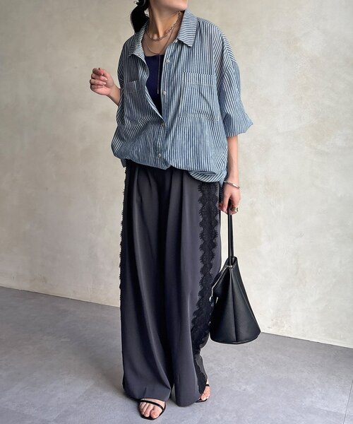 DouDou（ドゥドゥ）の「サイドレースタックワイドパンツ（その他パンツ・レディース・チャコールグレー/アイボリー・FREE/TM）」の16枚目の写真