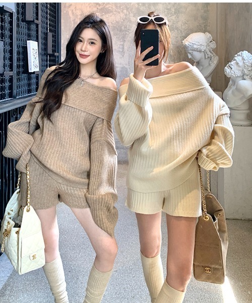 semuse(セミューズ)の「2点セットアップ オフショルダーニットトップス&ショートパンツ(セットアップ・レディース・ホワイト/ベージュ/グレー・FREE)」の7枚目の写真