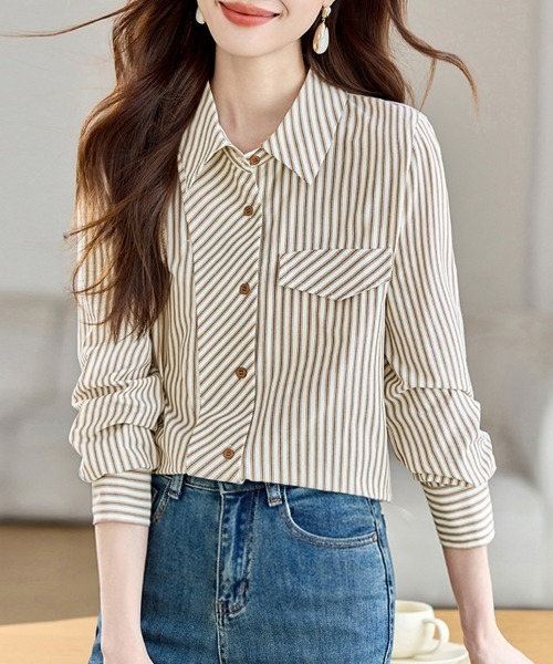 ONEP STAR(ワンピスター)の「ストライプ柄シャツブラウス(シャツ/ブラウス・レディース・ベージュ・MEDIUM/LARGE/X-LARGE)」の1枚目の写真