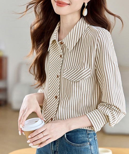 ONEP STAR(ワンピスター)の「ストライプ柄シャツブラウス(シャツ/ブラウス・レディース・ベージュ・MEDIUM/LARGE/X-LARGE)」の3枚目の写真