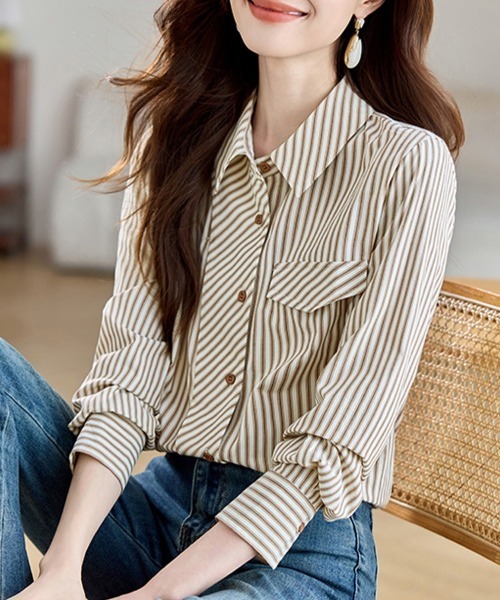 ONEP STAR(ワンピスター)の「ストライプ柄シャツブラウス(シャツ/ブラウス・レディース・ベージュ・MEDIUM/LARGE/X-LARGE)」の4枚目の写真