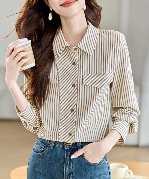 ONEP STAR(ワンピスター)の「ストライプ柄シャツブラウス(シャツ/ブラウス・レディース・ベージュ・MEDIUM/LARGE/X-LARGE)」の5枚目の写真