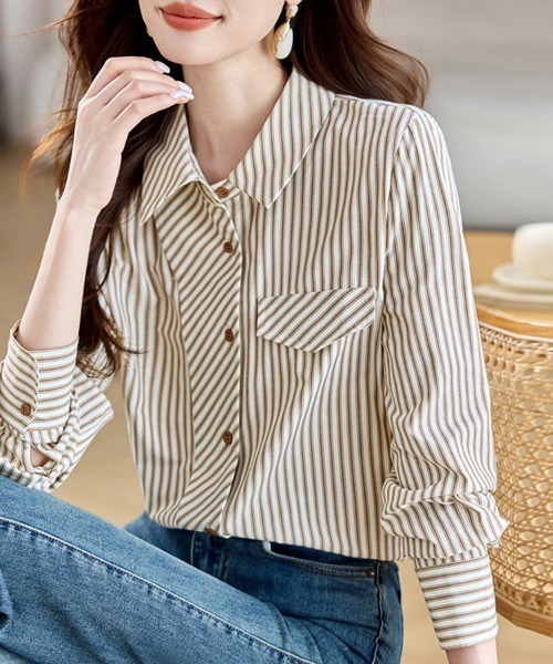 ONEP STAR(ワンピスター)の「ストライプ柄シャツブラウス(シャツ/ブラウス・レディース・ベージュ・MEDIUM/LARGE/X-LARGE)」の6枚目の写真