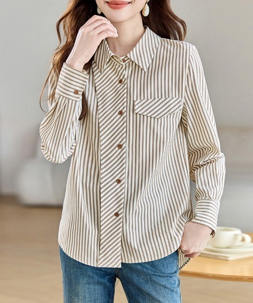ONEP STAR(ワンピスター)の「ストライプ柄シャツブラウス(シャツ/ブラウス・レディース・ベージュ・MEDIUM/LARGE/X-LARGE)」の7枚目の写真