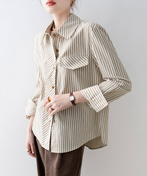 ONEP STAR(ワンピスター)の「ストライプ柄シャツブラウス(シャツ/ブラウス・レディース・ベージュ・MEDIUM/LARGE/X-LARGE)」の8枚目の写真