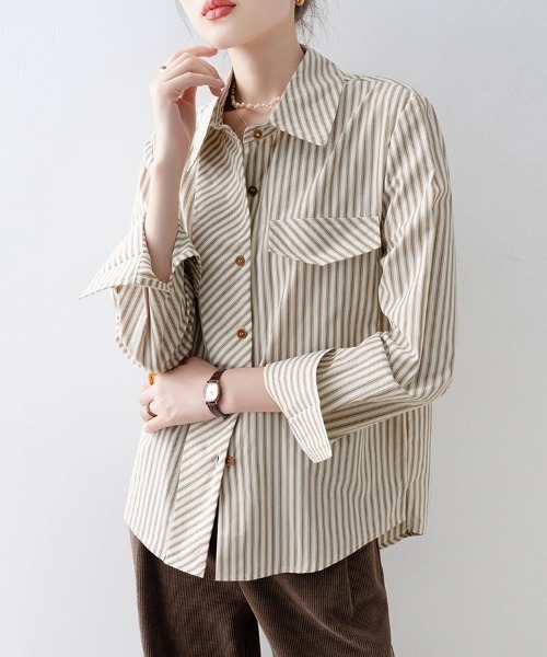 ONEP STAR(ワンピスター)の「ストライプ柄シャツブラウス(シャツ/ブラウス・レディース・ベージュ・MEDIUM/LARGE/X-LARGE)」の9枚目の写真