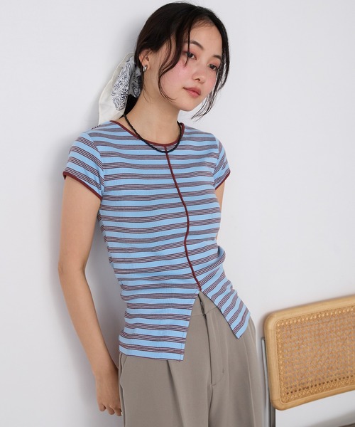 MILLER(ミラー)の「【forksy.】【Robert P. Miller/ ロバート ピー ミラー】センタースリット ボーダー パネルリブ Tシャツ(Tシャツ/カットソー・レディース・ブラウン系/グリーン系/ブルー系/ブラック系・FREE)」の4枚目の写真