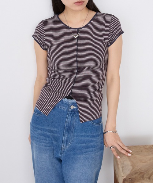 MILLER(ミラー)の「【forksy.】【Robert P. Miller/ ロバート ピー ミラー】センタースリット ボーダー パネルリブ Tシャツ(Tシャツ/カットソー・レディース・ブラウン系/グリーン系/ブルー系/ブラック系・FREE)」の6枚目の写真