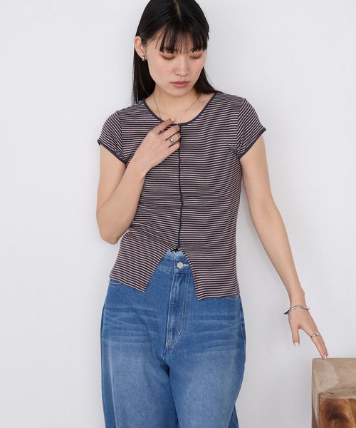 MILLER(ミラー)の「【forksy.】【Robert P. Miller/ ロバート ピー ミラー】センタースリット ボーダー パネルリブ Tシャツ(Tシャツ/カットソー・レディース・ブラウン系/グリーン系/ブルー系/ブラック系・FREE)」の7枚目の写真