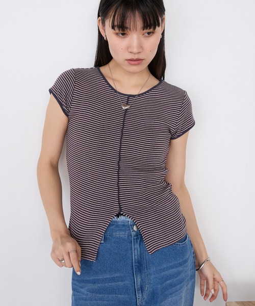 MILLER(ミラー)の「【forksy.】【Robert P. Miller/ ロバート ピー ミラー】センタースリット ボーダー パネルリブ Tシャツ(Tシャツ/カットソー・レディース・ブラウン系/グリーン系/ブルー系/ブラック系・FREE)」の11枚目の写真
