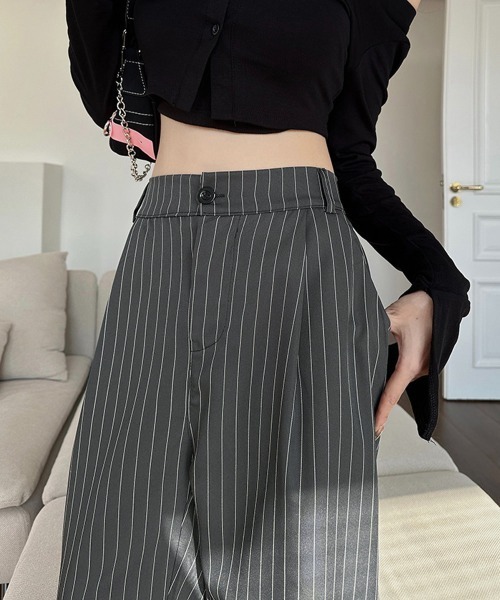 Miniministore(ミニミニストア)の「ストライプワイドパンツ春夏秋ロングパンツ(スラックス・レディース・グレー/ブラック/ネイビー/ベージュ・S/M)」の3枚目の写真