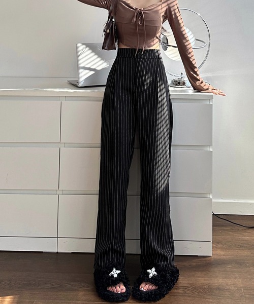Miniministore(ミニミニストア)の「ストライプワイドパンツ春夏秋ロングパンツ(スラックス・レディース・グレー/ブラック/ネイビー/ベージュ・S/M)」の2枚目の写真