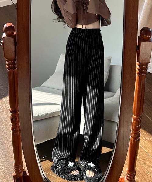 Miniministore(ミニミニストア)の「ストライプワイドパンツ春夏秋ロングパンツ(スラックス・レディース・グレー/ブラック/ネイビー/ベージュ・S/M)」の5枚目の写真