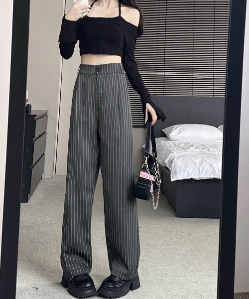 Miniministore(ミニミニストア)の「ストライプワイドパンツ春夏秋ロングパンツ(スラックス・レディース・グレー/ブラック/ネイビー/ベージュ・S/M)」の6枚目の写真