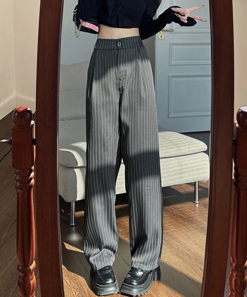 Miniministore(ミニミニストア)の「ストライプワイドパンツ春夏秋ロングパンツ(スラックス・レディース・グレー/ブラック/ネイビー/ベージュ・S/M)」の7枚目の写真
