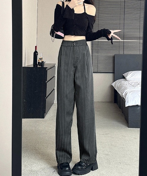 Miniministore(ミニミニストア)の「ストライプワイドパンツ春夏秋ロングパンツ(スラックス・レディース・グレー/ブラック/ネイビー/ベージュ・S/M)」の8枚目の写真