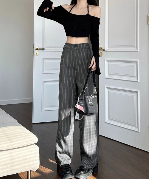 Miniministore(ミニミニストア)の「ストライプワイドパンツ春夏秋ロングパンツ(スラックス・レディース・グレー/ブラック/ネイビー/ベージュ・S/M)」の9枚目の写真