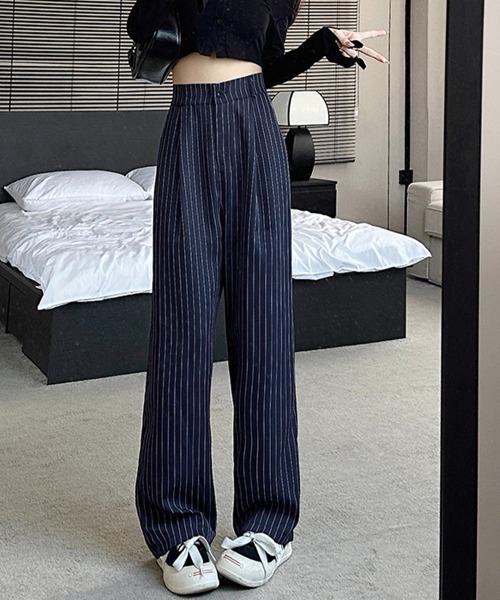 Miniministore(ミニミニストア)の「ストライプワイドパンツ春夏秋ロングパンツ(スラックス・レディース・グレー/ブラック/ネイビー/ベージュ・S/M)」の11枚目の写真