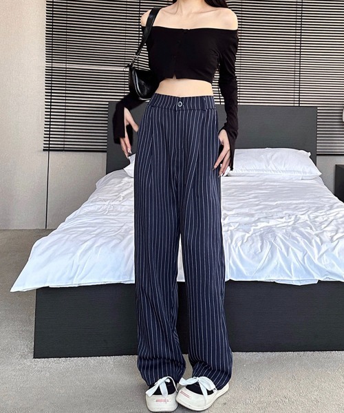 Miniministore(ミニミニストア)の「ストライプワイドパンツ春夏秋ロングパンツ(スラックス・レディース・グレー/ブラック/ネイビー/ベージュ・S/M)」の14枚目の写真