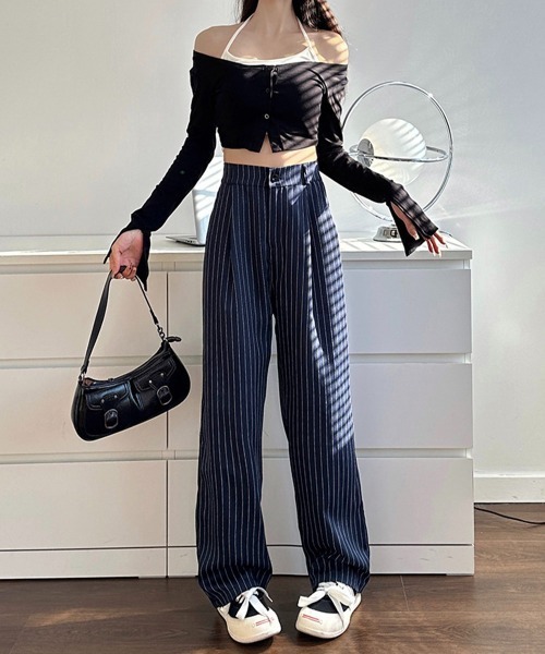Miniministore(ミニミニストア)の「ストライプワイドパンツ春夏秋ロングパンツ(スラックス・レディース・グレー/ブラック/ネイビー/ベージュ・S/M)」の15枚目の写真