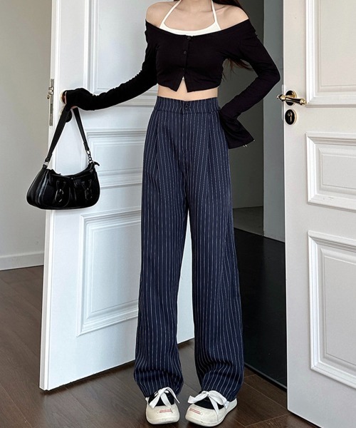 Miniministore(ミニミニストア)の「ストライプワイドパンツ春夏秋ロングパンツ(スラックス・レディース・グレー/ブラック/ネイビー/ベージュ・S/M)」の16枚目の写真