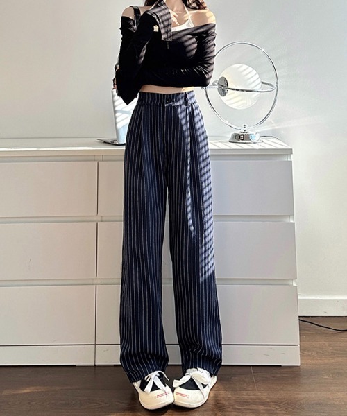 Miniministore(ミニミニストア)の「ストライプワイドパンツ春夏秋ロングパンツ(スラックス・レディース・グレー/ブラック/ネイビー/ベージュ・S/M)」の17枚目の写真