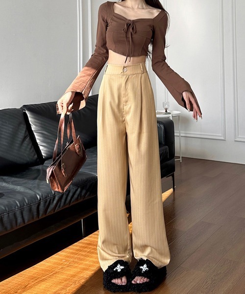 Miniministore(ミニミニストア)の「ストライプワイドパンツ春夏秋ロングパンツ(スラックス・レディース・グレー/ブラック/ネイビー/ベージュ・S/M)」の19枚目の写真