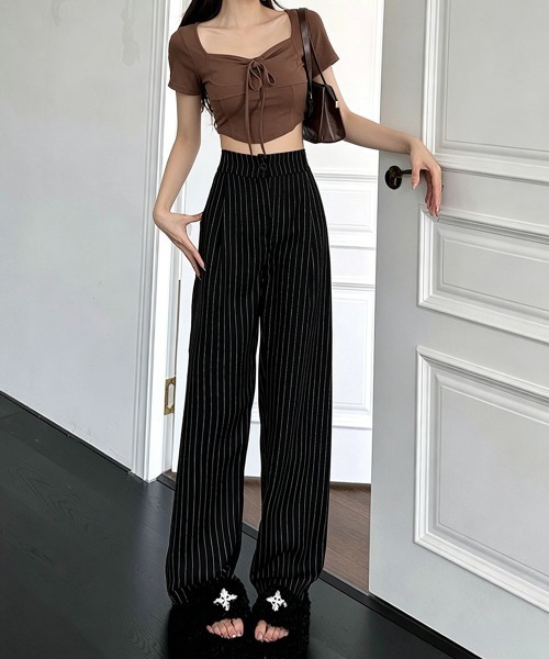 Miniministore(ミニミニストア)の「ストライプワイドパンツ春夏秋ロングパンツ(スラックス・レディース・グレー/ブラック/ネイビー/ベージュ・S/M/L)」の6枚目の写真