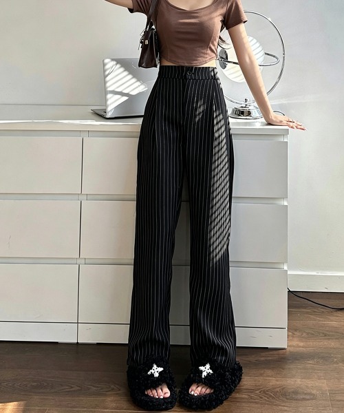 Miniministore(ミニミニストア)の「ストライプワイドパンツ春夏秋ロングパンツ(スラックス・レディース・グレー/ブラック/ネイビー/ベージュ・S/M/L)」の7枚目の写真