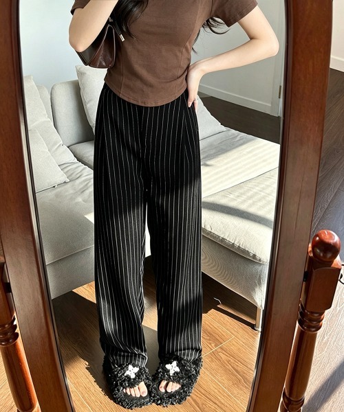 Miniministore(ミニミニストア)の「ストライプワイドパンツ春夏秋ロングパンツ(スラックス・レディース・グレー/ブラック/ネイビー/ベージュ・S/M/L)」の8枚目の写真