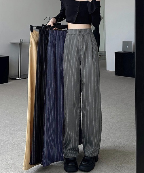 Miniministore(ミニミニストア)の「ストライプワイドパンツ春夏秋ロングパンツ(スラックス・レディース・グレー/ブラック/ネイビー/ベージュ・S/M/L)」の9枚目の写真